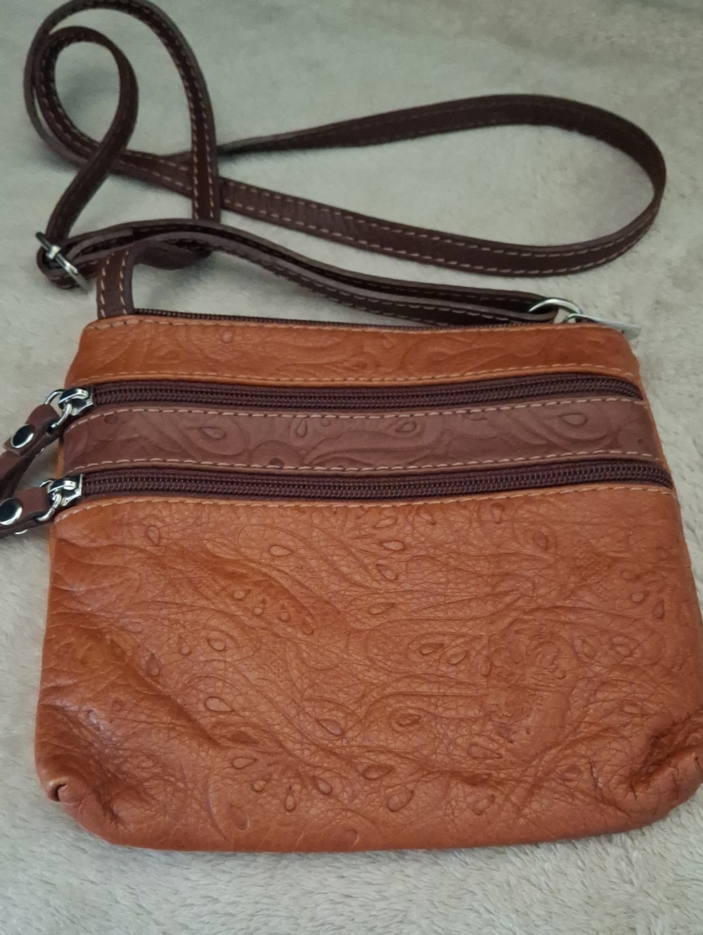 Women's Brown Crossbody Bag Embossed Tan and Dark Brown Leather EUC